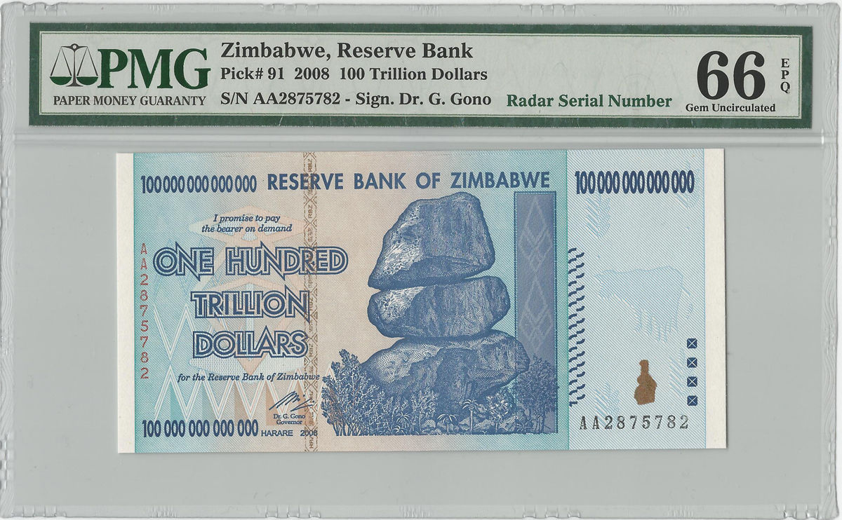 짐바브웨 2008년 100조 달러 레이더 (2875782) PMG 66등급