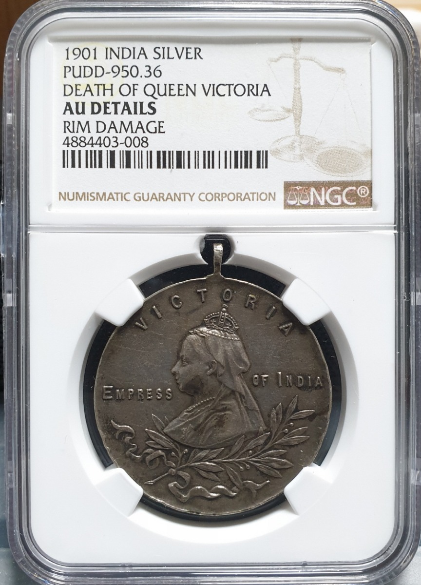 인도 1901년 빅토리아 여왕 서거 추모 (Death of Queen Victoria) 은메달 NGC AU Details