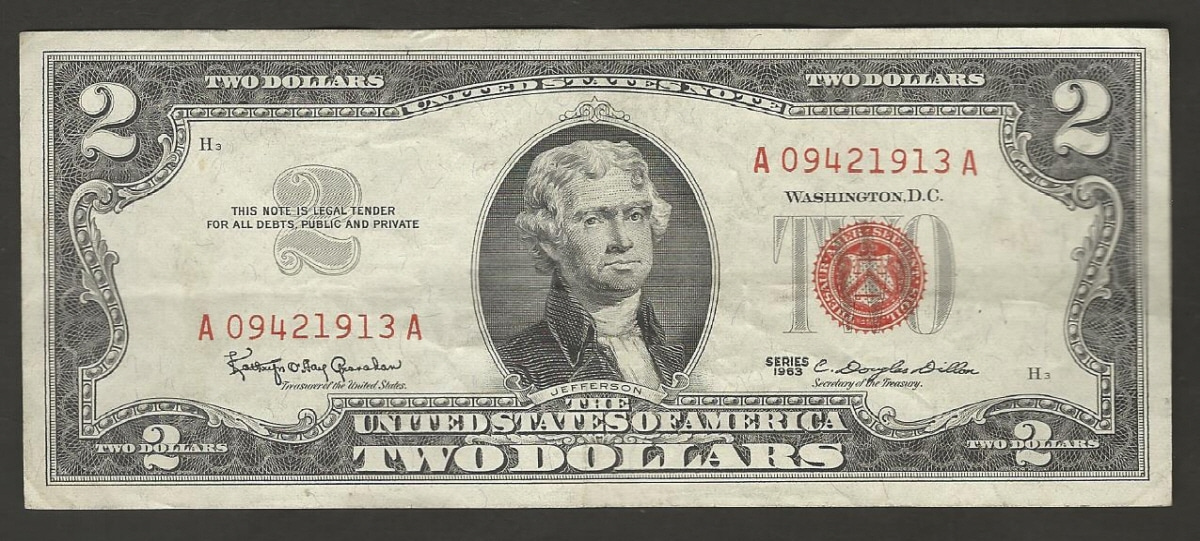 미국 1963년 토마슨 제퍼슨 행운의 2달러 레드씰 (09포인트) 극미품~미품