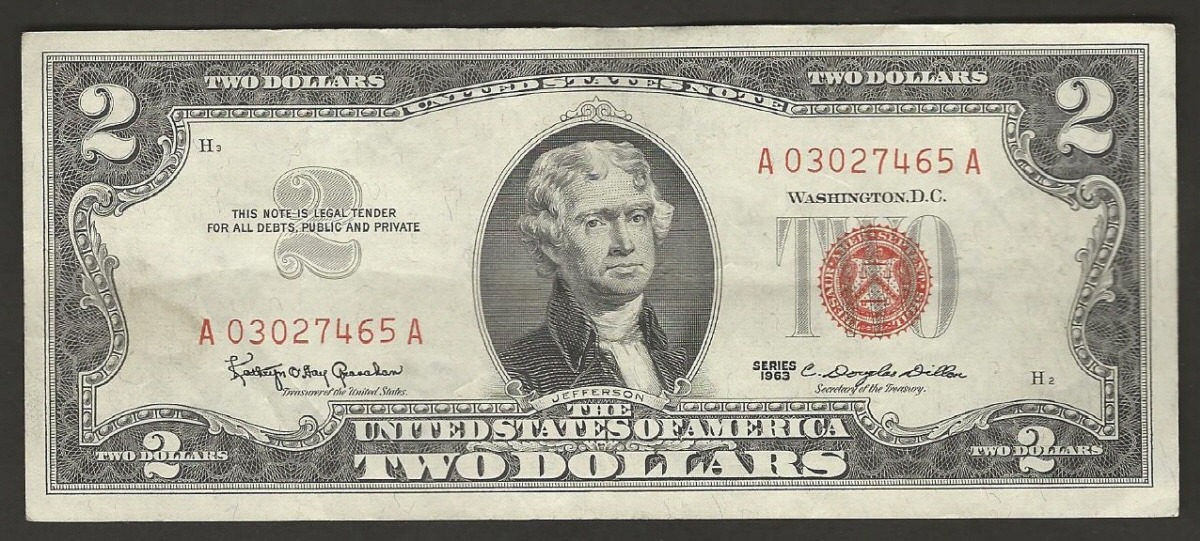 미국 1963년 토마슨 제퍼슨 행운의 2달러 레드씰 (03포인트) 극미품~미품