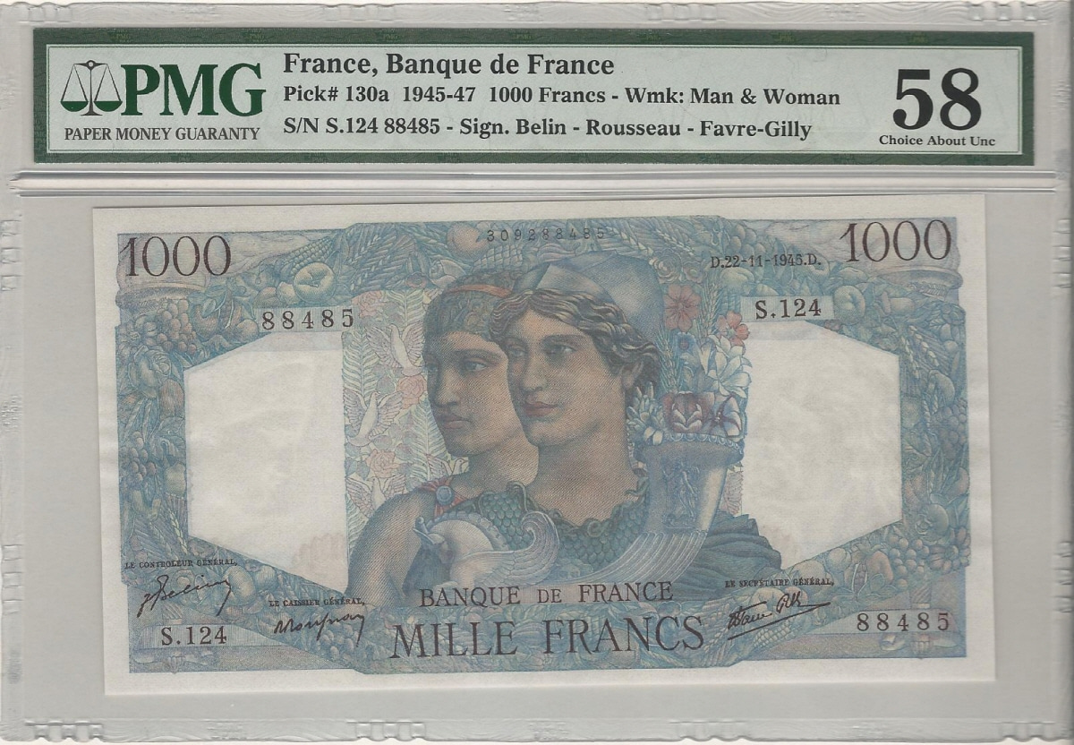 프랑스 1945년 (1947년) 1000프랑 PMG 58등급