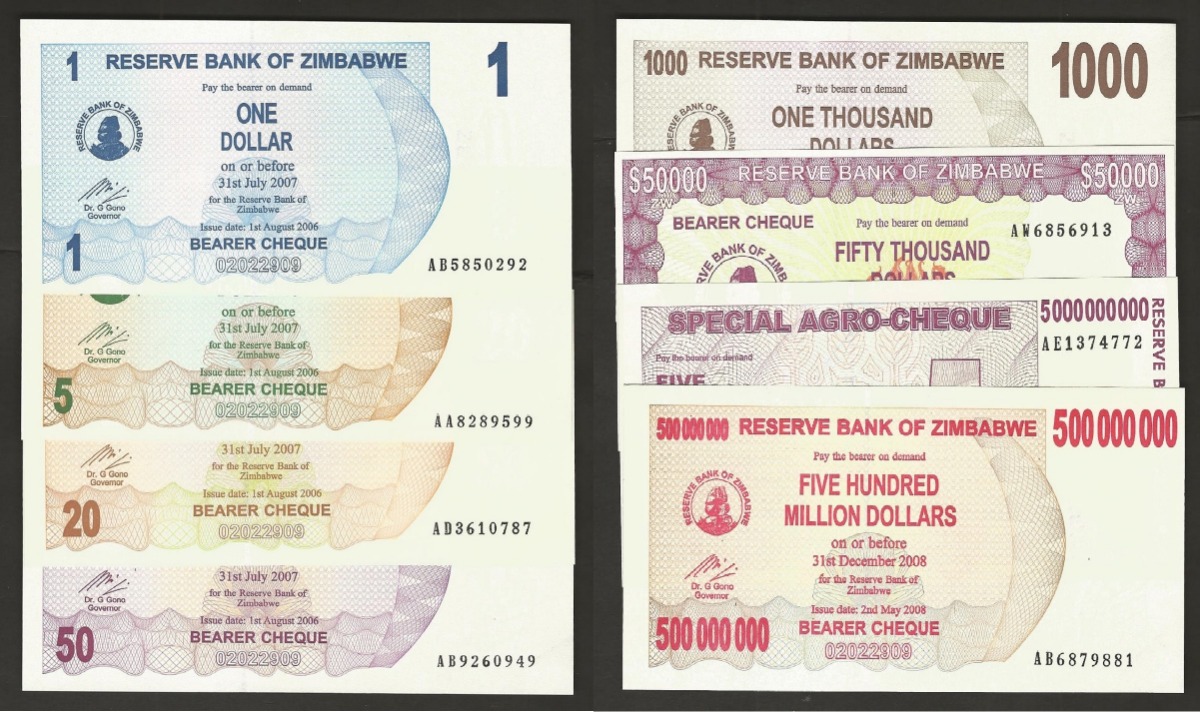 짐바브웨 지폐 8장 (미사용, 1~50십억 달러) 일괄