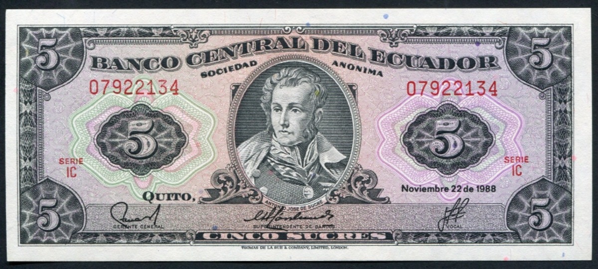 에콰도르 1988년 5수크레 지폐 미사용