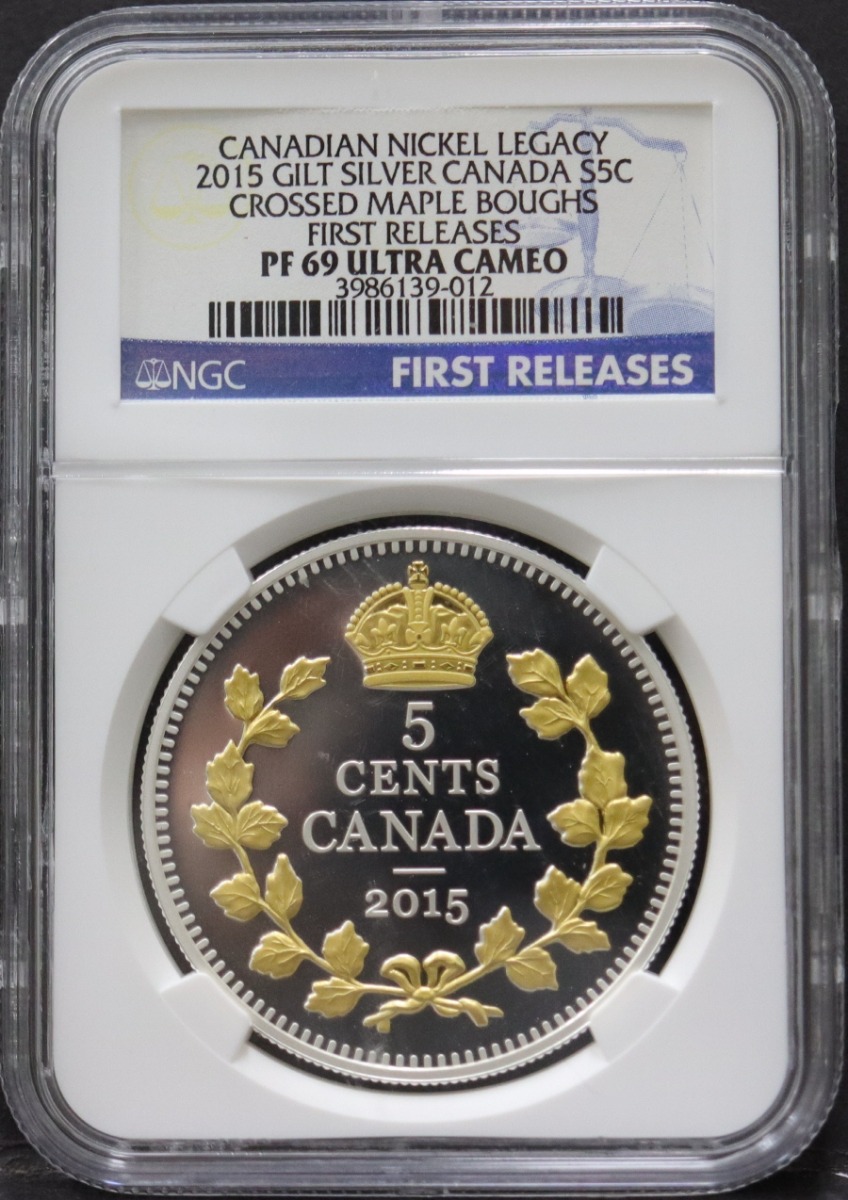 캐나다 2015년 조지 5세 도안 - 니켈 5센트 기념 금도금 은화 NGC 69등급