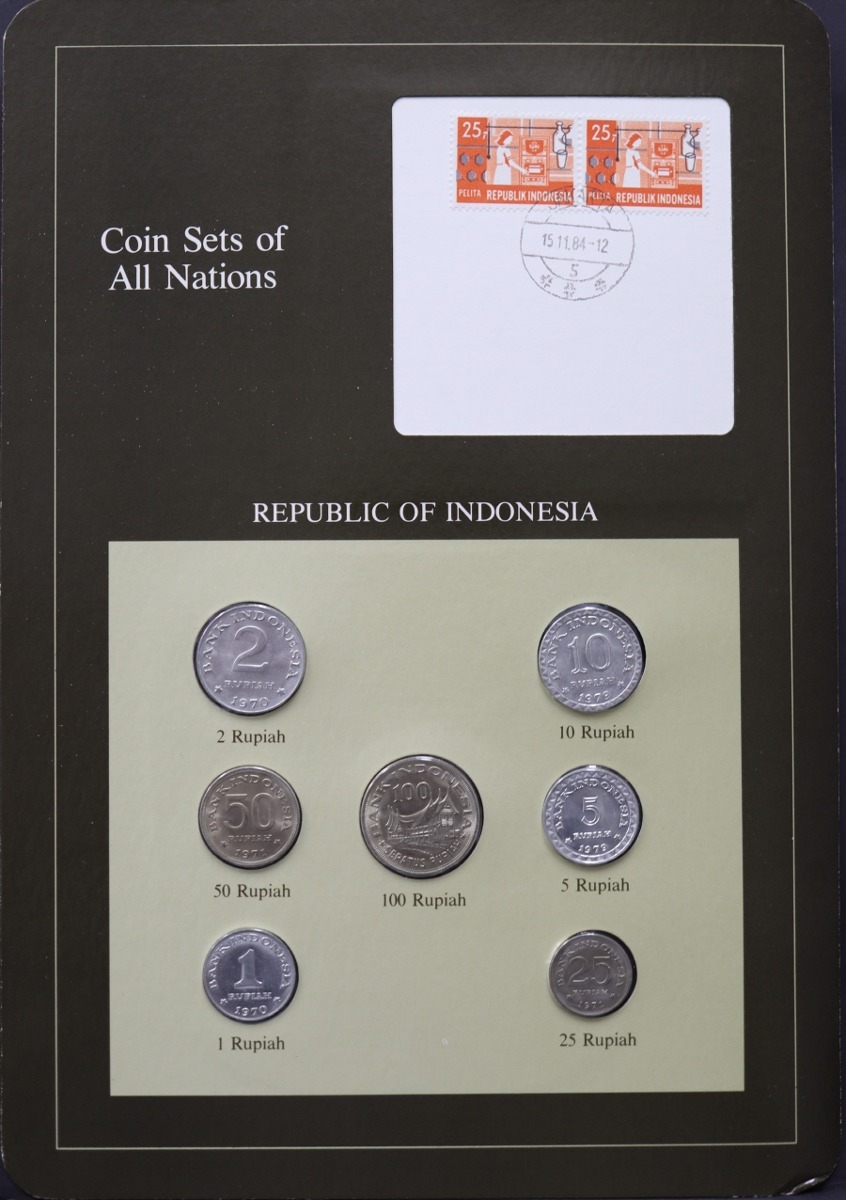 세계의 현행주화 인도네시아 1970년~1979년 7종 미사용 주화 및 우표첩 세트