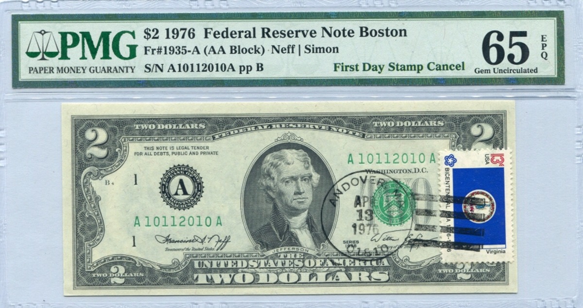 미국 1976년 토마슨 제퍼슨 행운의 2달러 - 초일 우표 스탬프 인증 PMG 65등급