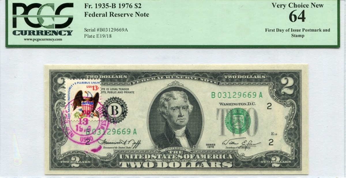 미국 1976년 토마슨 제퍼슨 행운의 2달러 - 초일 우표 스탬프 인증 PCGS 64등급