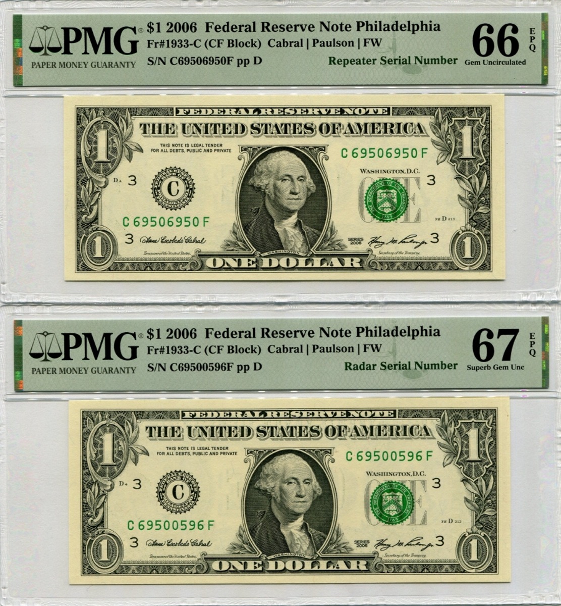 미국 2006년 1달러 레이더 &amp; 리피터 (6950 0596) 2장 세트 PMG 66, 67등급