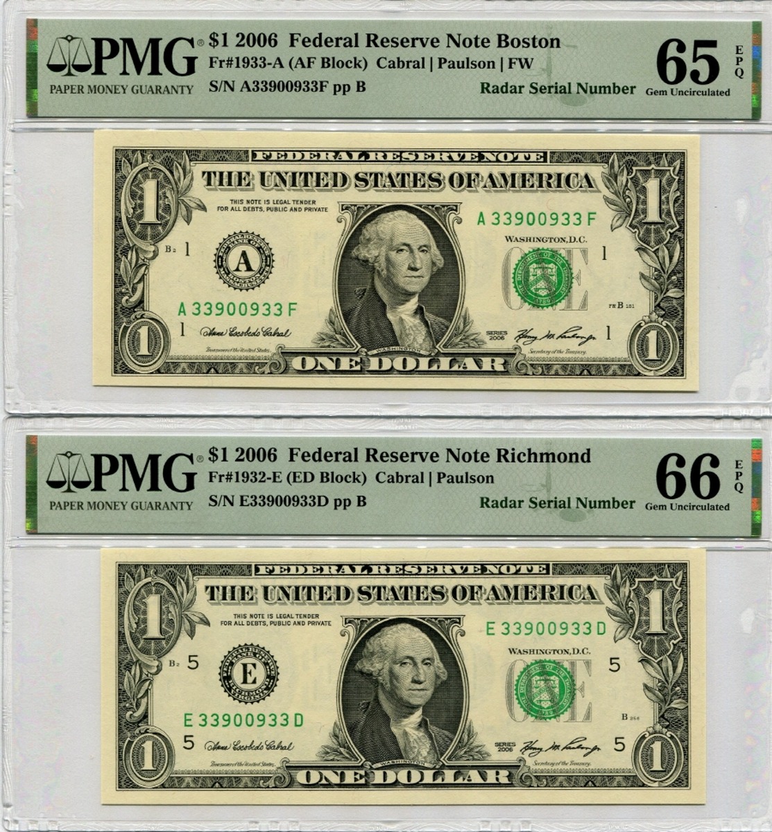 미국 2006년 1달러 레이더 (3390 0933) 2장 쌍둥이 PMG 65, 66등급