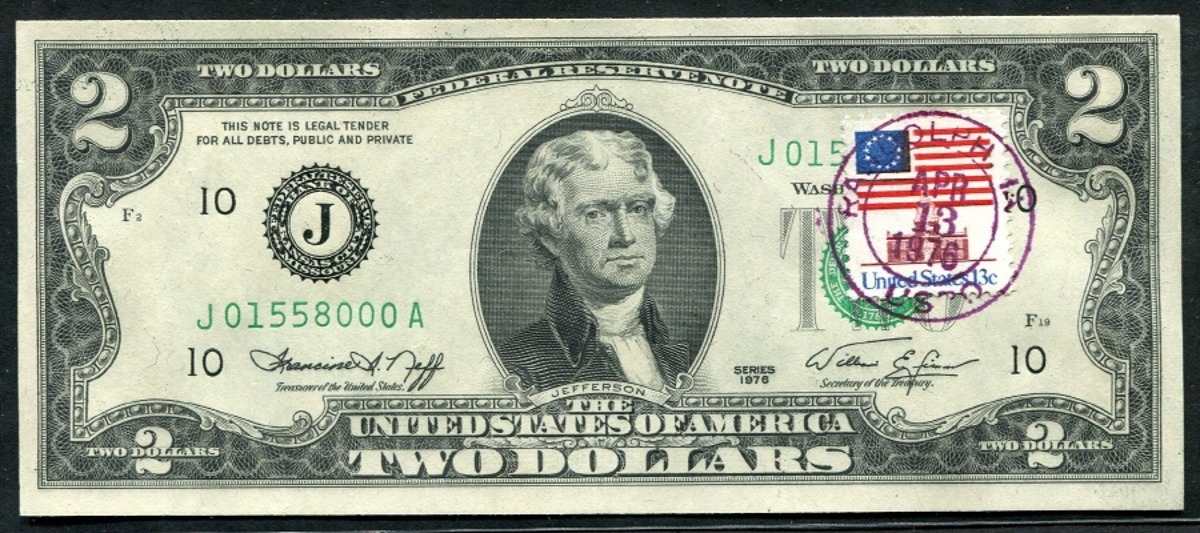 미국 1976년 토마슨 제퍼슨 행운의 2달러 - 초일 우표 스탬프 인증