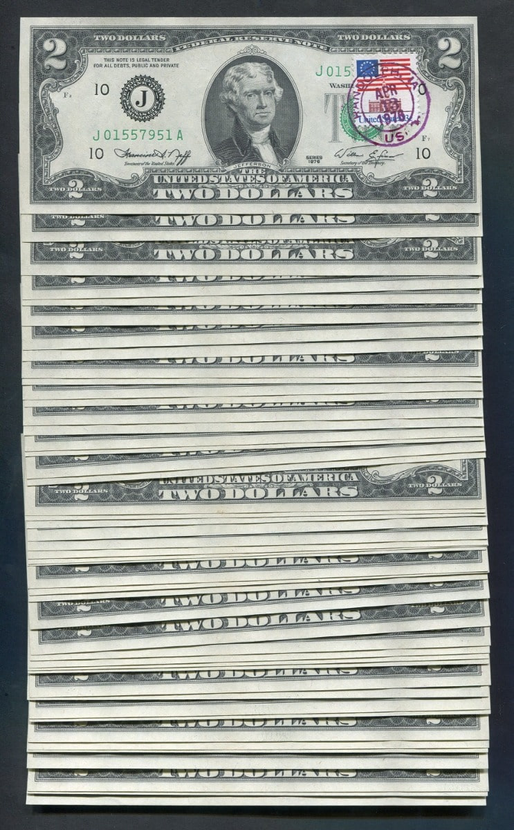 미국 1976년 토마슨 제퍼슨 행운의 2달러 - 초일 우표 스탬프 인증 - 연번호 48매 일괄