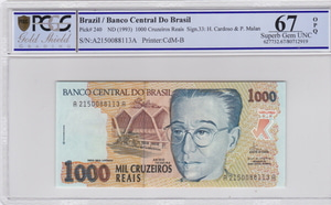 브라질 1993년 1000크루제이로 PCGS 67등급