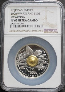 폴란드 2008년 중국 베이징 올림픽 기념 금도금 은화 - 수영 도안 NGC 69등급