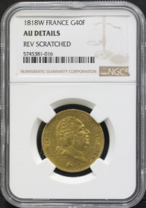 프랑스 1818년 루이 18세 40프랑 금화 NGC AU Detail