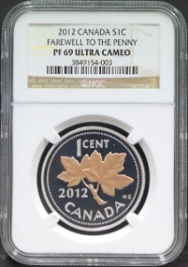 캐나다 2012년 마지막 페니 주화 기념 금도금 메이플 페니 도안 은화 NGC 69등급