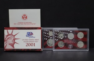 미국 2001년 현행 주화 및 주성립 기념 쿼터 은화 프루프 10종 민트 세트 (은화 7개 포함)