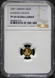 라이베리아 2001년 이탈리아 천문학자 - 갈릴레오 갈릴레이 1/40oz (0.78g) 소형 금화 NGC 69등급