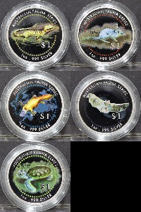 쿡섬 1998년 호주의 멸종 위기 동물 (도마뱀 박쥐 거북이 오리너구리 등등) 은화 5종 세트