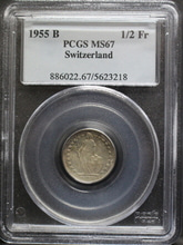 스위스 근대전 1955년 1/2프랑 은화 PCGS 67등급