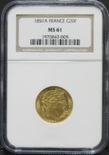 프랑스 1851년 나폴레옹 20프랑 금화 NGC 61등급