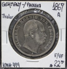 독일 1867년 프로이센 왕국 - 빌헬름 1세 도안 1탈러 통용 은화 사용제 미품