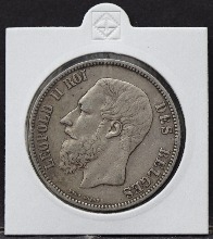 벨기에 1873년 레오폴드 2세 5프랑 통용 은화 미품