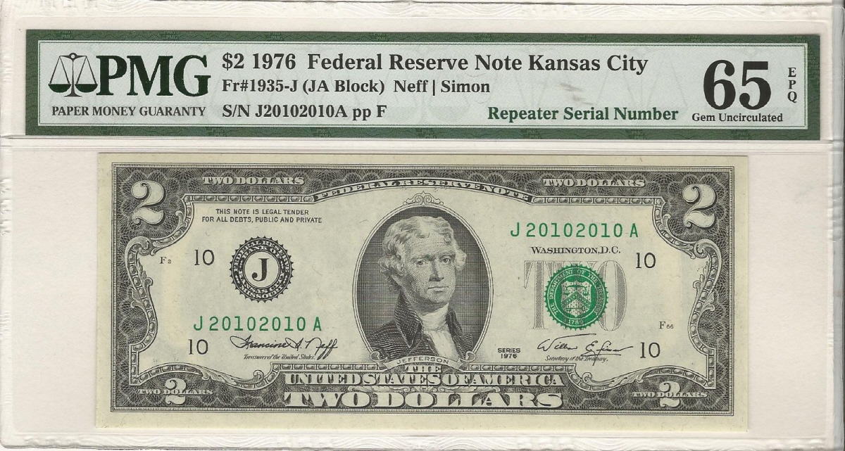 미국 1976년 토마슨 제퍼슨 행운의 2달러 리피터 (20102010) PMG 65등급