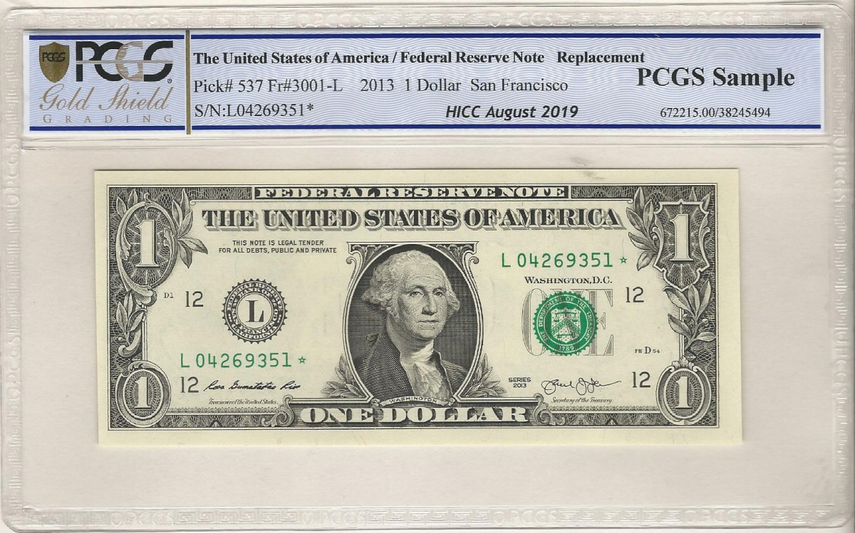 미국 2013년 1달러 - 스타노트 (보충권) 2019년 홍콩 8월 화폐박람회 증정용 PCGS UNC