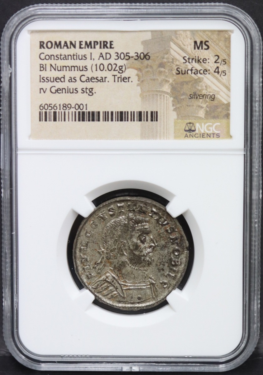로마 305~306년 황제 콘스탄티누스 1세 (Constantinus I) 눔무스 (Nummus) 은화 NGC 미사용 MS 인증