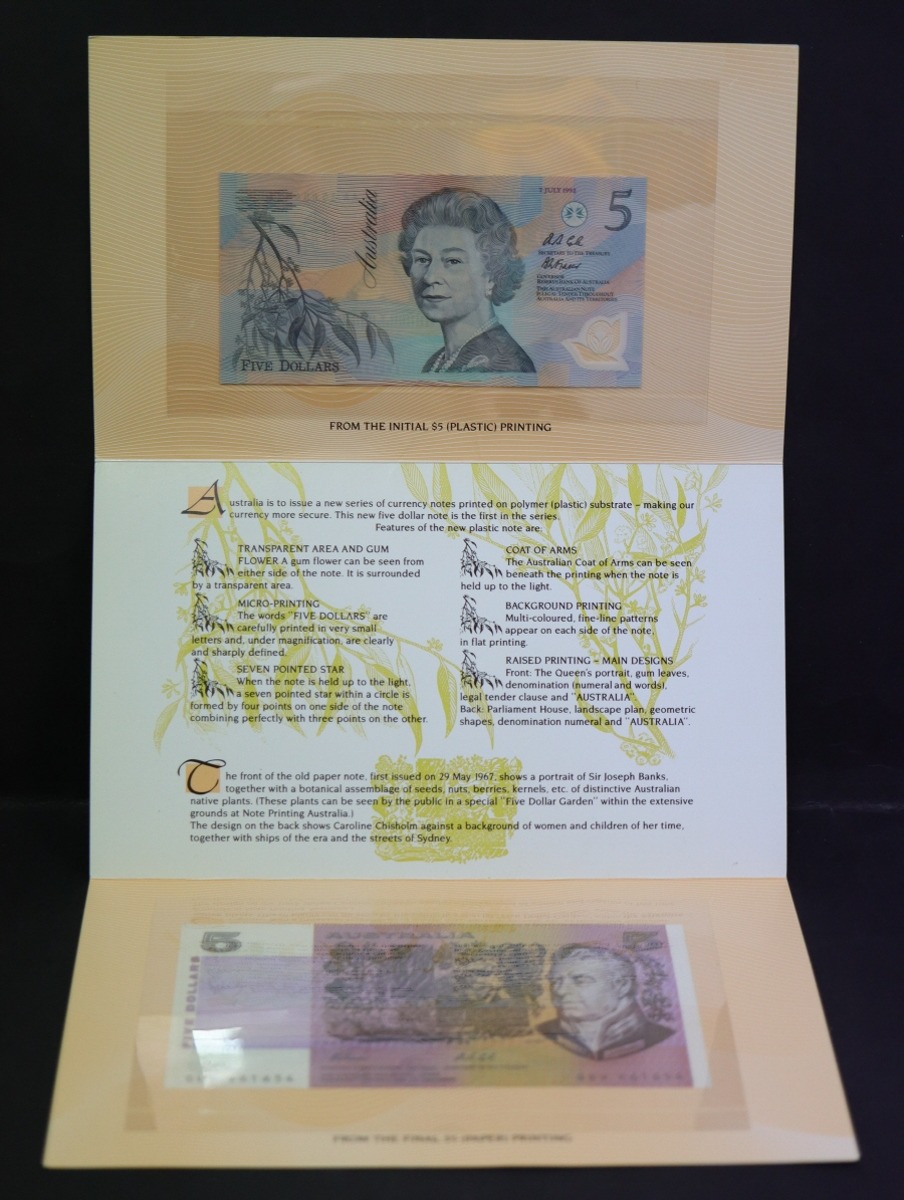 호주 1985년 5달러 &amp; 1992년 5달러 폴리머 지폐 미사용 지폐첩