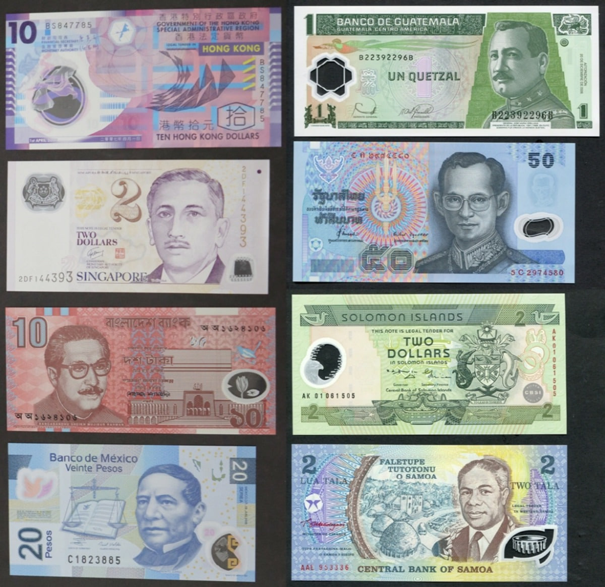 세계 8개국 폴리머 지폐 미사용 8종 세트 - 홍콩 싱가포르 방글라데시 멕시코 과테말라 태국 솔로몬제도 사모아
