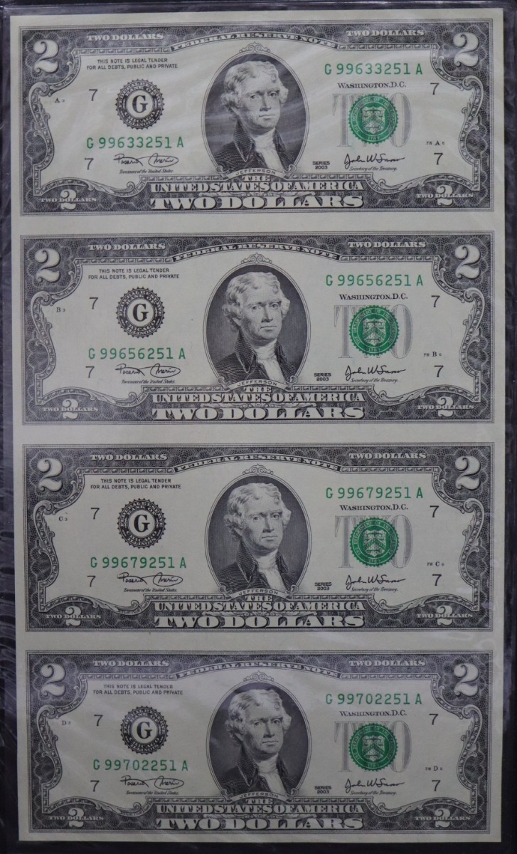 미국 2003년 토마슨 제퍼슨 행운의 2달러 4매 연결권 언컷시트 첩