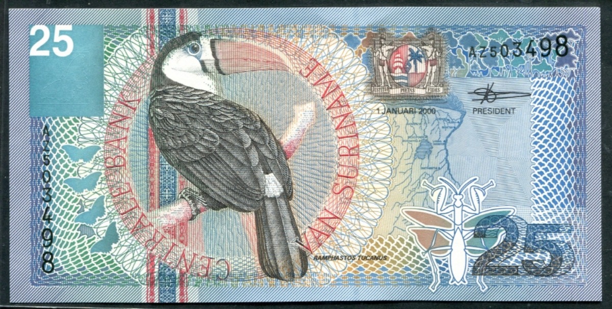 수리남 2000년 25굴덴 흰목 왕부리새 새 도안 미사용