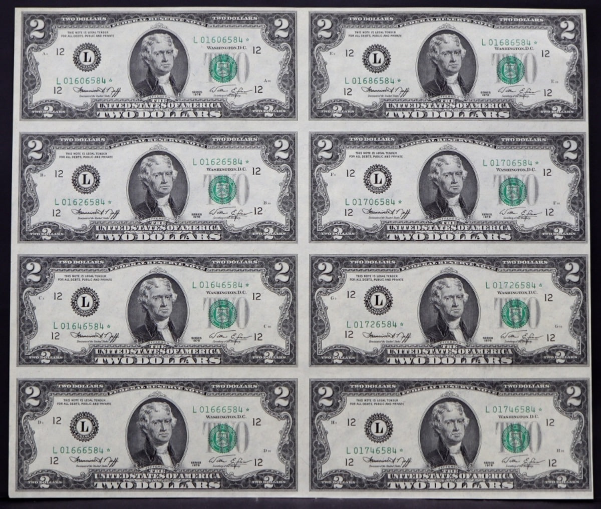 미국 1976년 토마슨 제퍼슨 행운의 2달러 - 스타 노트 (보충권)  8매 연결권 언컷시트
