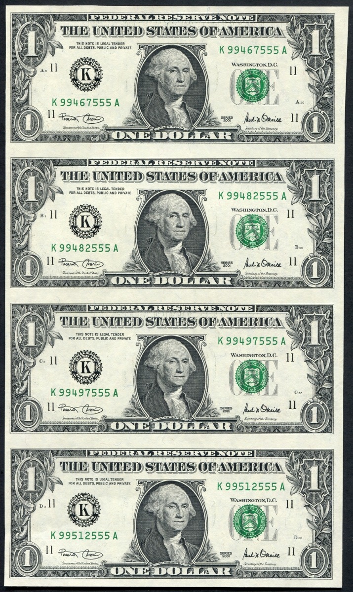미국 2001년 1달러 4매 연결권 언컷시트