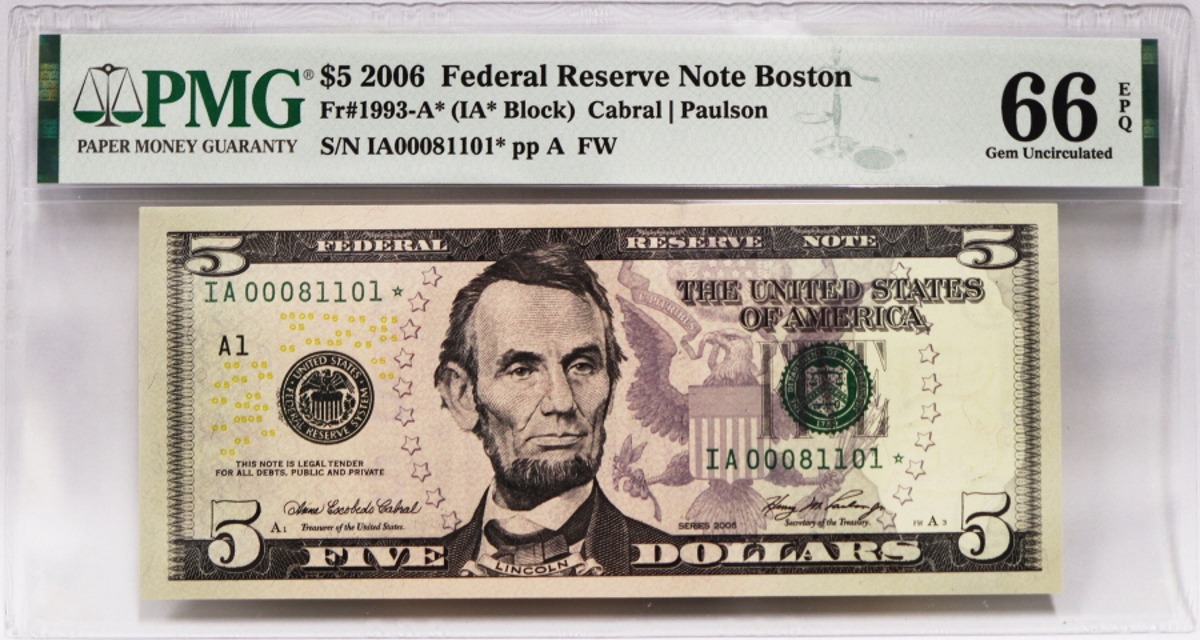 미국 2006년 5$ 5달러 스타 노트 (보충권) - A1 Block 000포인트 PMG 66등급