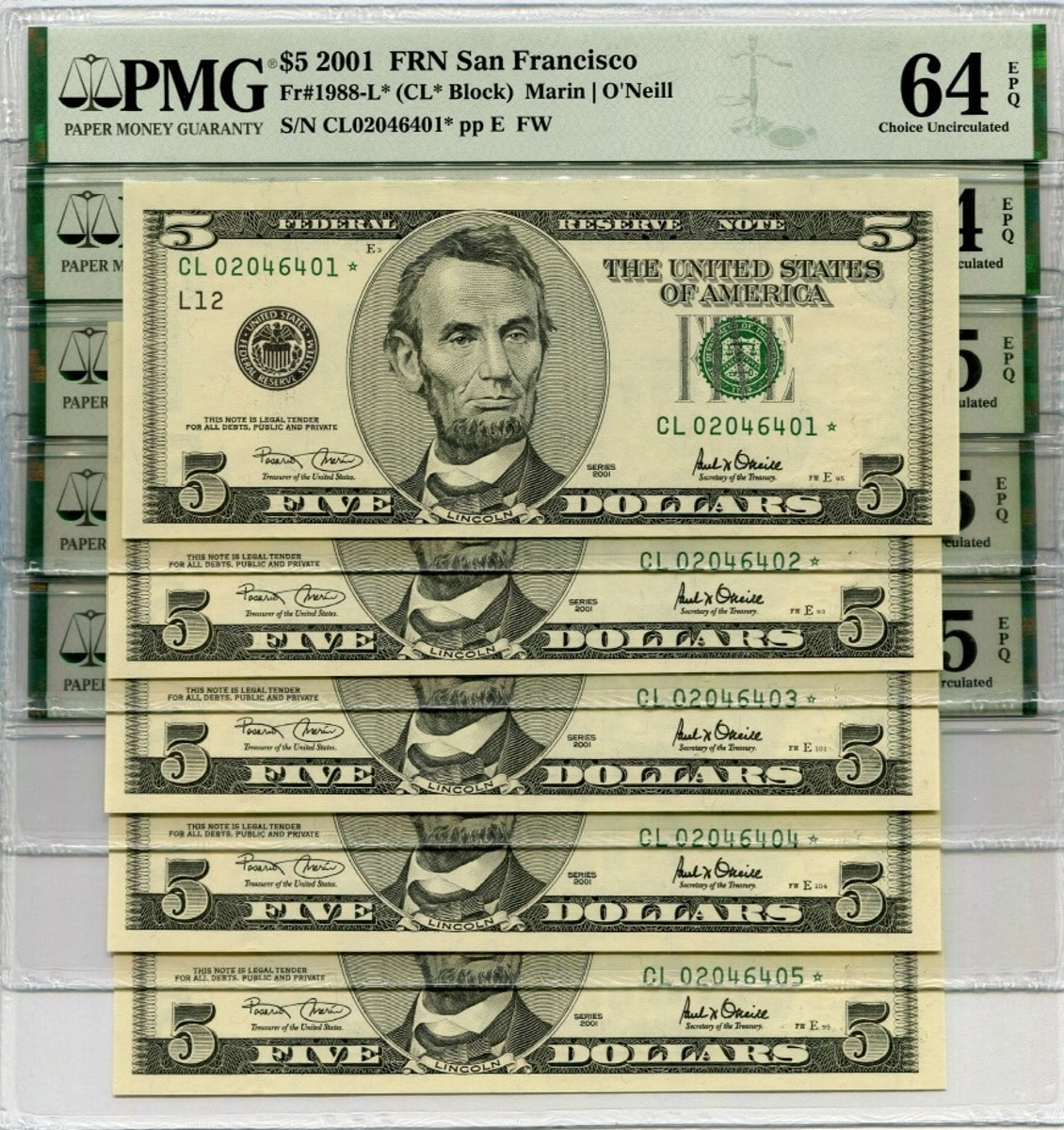 미국 2001년 5$ 5달러 스타 노트 (보충권) 연번호 5매 일괄 PMG 64~65등급