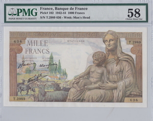 프랑스 1942년 1000프랑 대형 지폐 PMG 58등급