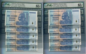 짐바브웨 2008년 100조 달러 PMG 65등급 - 연번호 10매 일괄