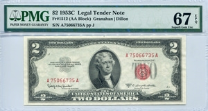 미국 1953년 2달러 레드 씰 PMG 67등급