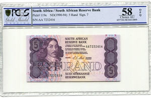 남아프리카공화국 (남아공) 1990년 5란드 지폐 PCGS 58등급