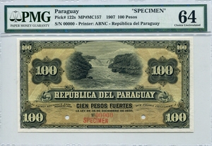 파라과이 1907년 100페소 견양권 PMG 64등급