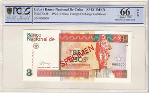 쿠바 1994년 3 페소 외국 태환권 견양권 PMG 66등급 