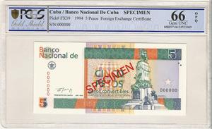 쿠바 1994년 5 페소 외국 태환권 견양권 PMG 66등급