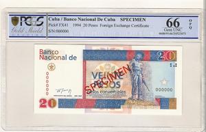 쿠바 1994년 20 페소 외국 태환권 견양권 PMG 66등급 