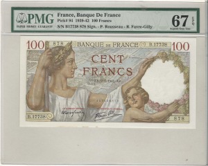 프랑스 1939년 (1942년) 100프랑 대형 지폐 PMG 67등급