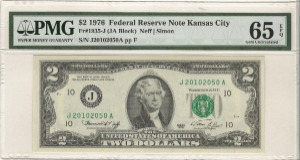 미국 1976년 토마슨 제퍼슨 행운의 2달러 이쁜번호 (20102050) PMG 65등급