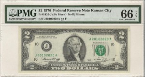 미국 1976년 토마슨 제퍼슨 행운의 2달러 이쁜번호 (20102020) PMG 66등급