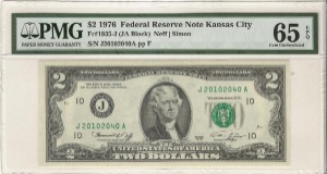 미국 1976년 토마슨 제퍼슨 행운의 2달러 이쁜번호 (20102040) PMG 65등급