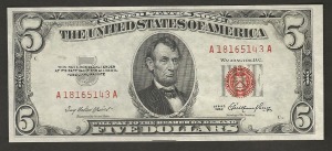 미국 1953년 5달러 레드씰 미사용-